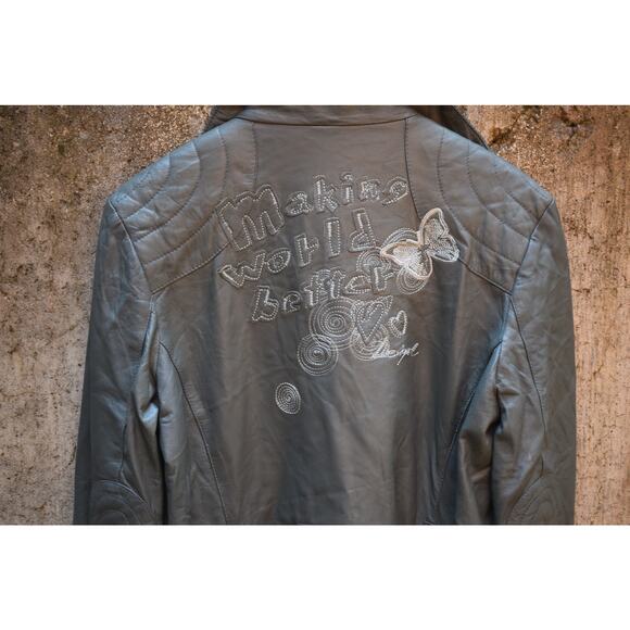 Desigual Gray Genuine Leather Jacket with Graphic Lining & Embroidery 46 (US 14) - Picture 4 of 5